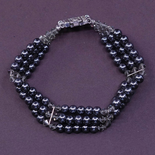 7” 1960s sterling 925 silver handmade bracelet, hematite marcasite