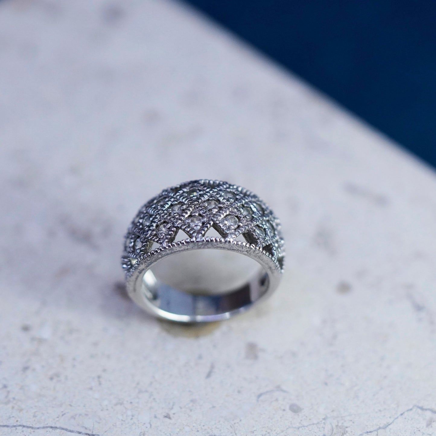 Size 6.75, vintage Sterling 925 silver engagement ring with cluster Cz