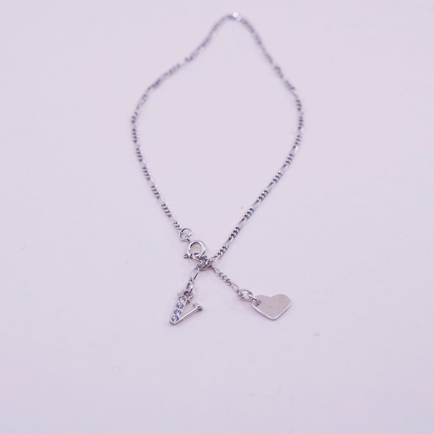 9.25”, sterling silver bracelet, Italy 925 chain, figaro anklet initial A heart