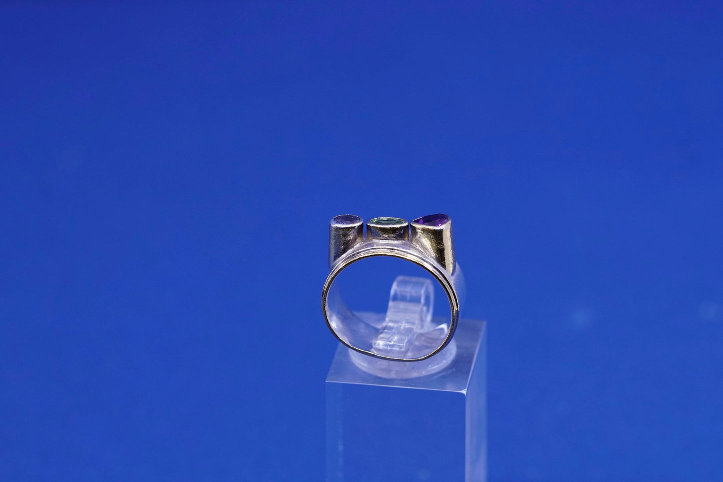 sz 5, two tone 14K gold trim Sterling silver ring, 925 band sapphire amethyst