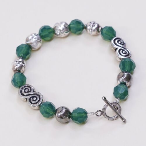 6”, Vtg Sterling Silver Handmade Bracelet, 925 Silver Toggle W/ Green Beads