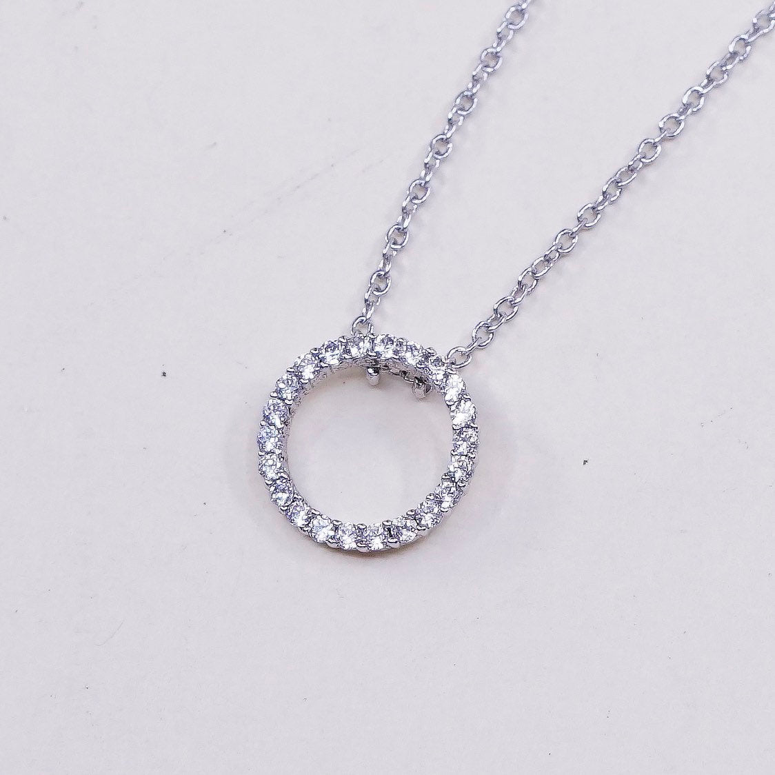 16"+2”, vtg Sterling silver necklace, 925 chain w/ circle pendant N Cz