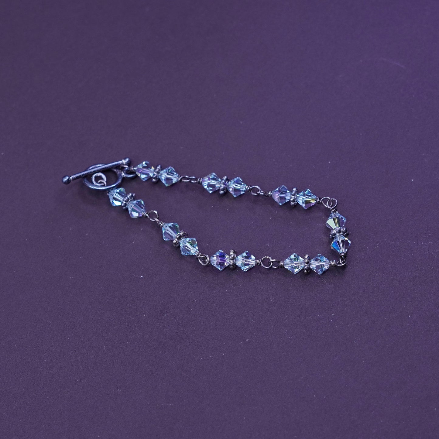 6.75”, vintage Sterling silver handmade bracelet, 925 chain with crystal beads