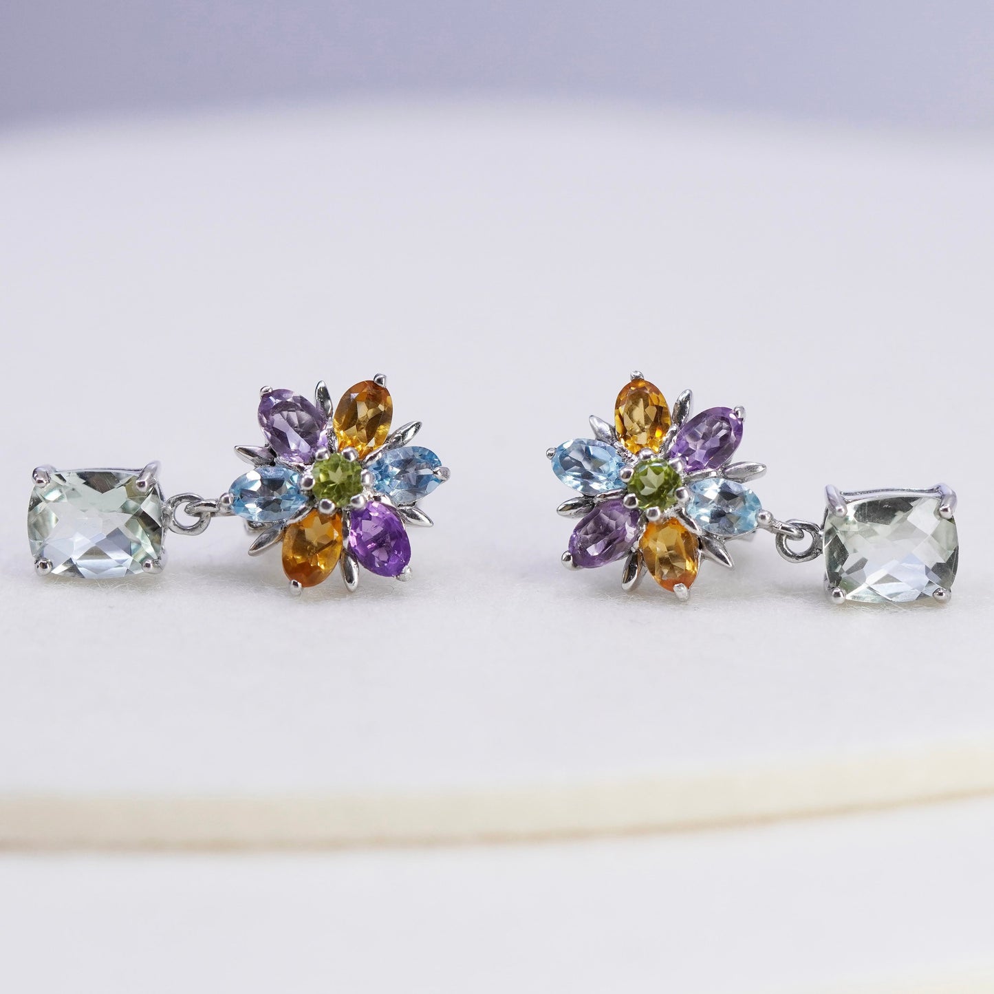 Vintage Sterling 925 silver handmade flower earrings citrine amethyst peridot