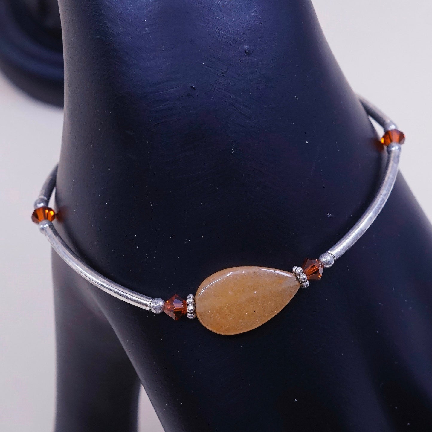 6.75”, vintage 925 Sterling silver bar N beads bracelet w/ orange gemstone