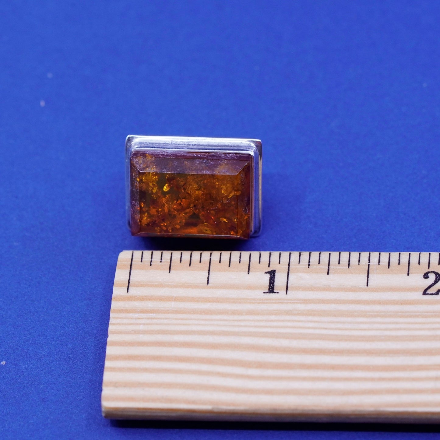 Vintage sterling silver handmade earrings, 925 square studs with amber
