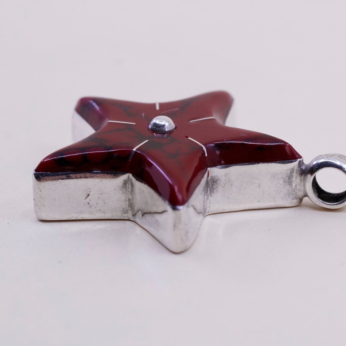 Vintage huge sterling 925 silver handmade pendant with red jasper star