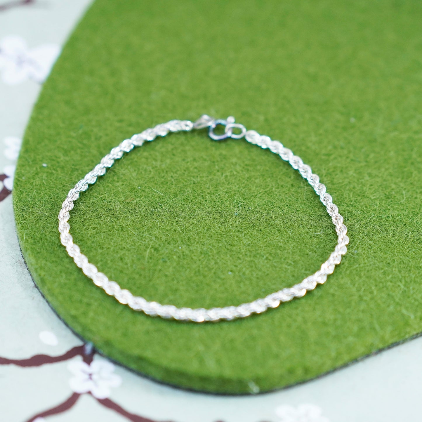 6.75”, 2mm, Vintage sterling 925 silver Italy rope chain bracelet