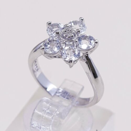 Sz 4, Vtg Sterling 925 Silver Flower Fashion Ring W/ White Sapphire N Diamond