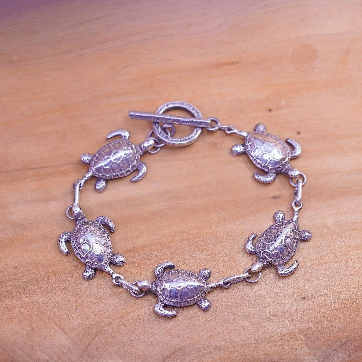 7”, vintage Sterling silver handmade bracelet, 925 turtle chain toggle closure