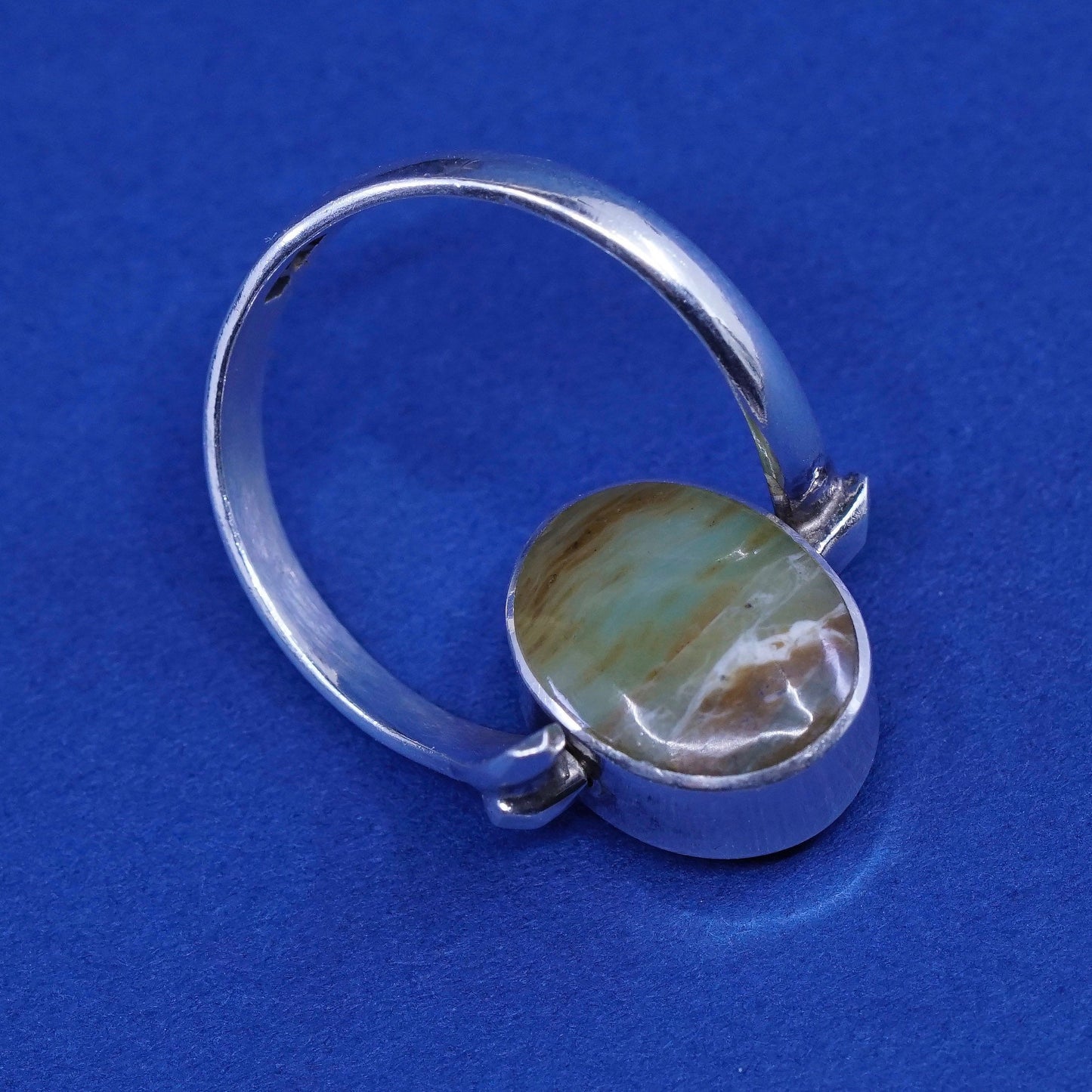 sz 6.5, vtg sterling silver handmade ring, antique spinner ring w/ jade N agate