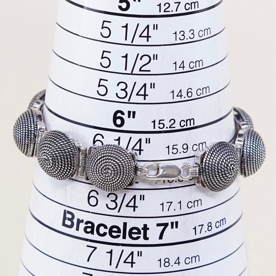 6.75", VTG sterling silver handmade bracelet, 925 textured half circle beads