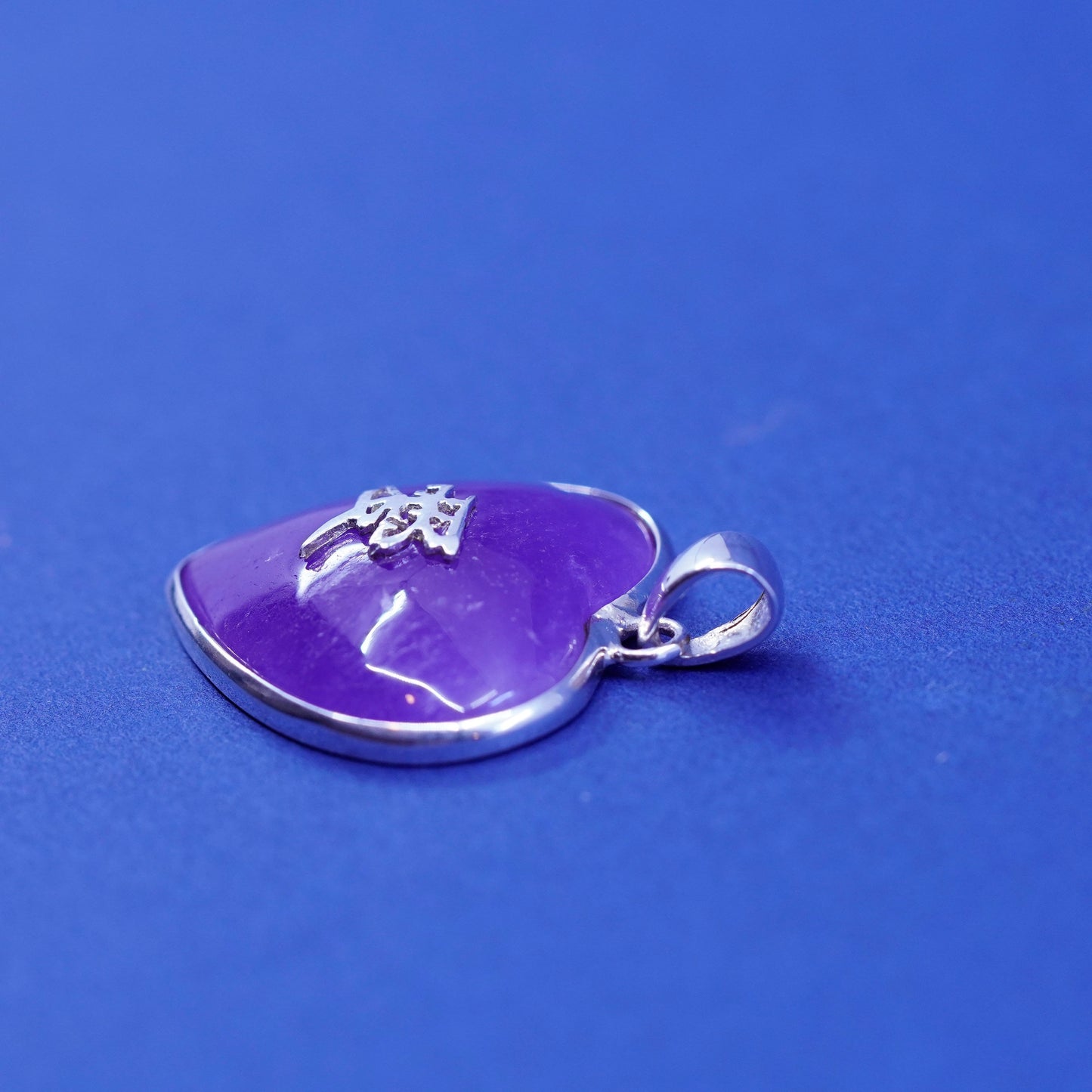 sterling 925 silver heart pendant with purple jade and Chinese character “love”
