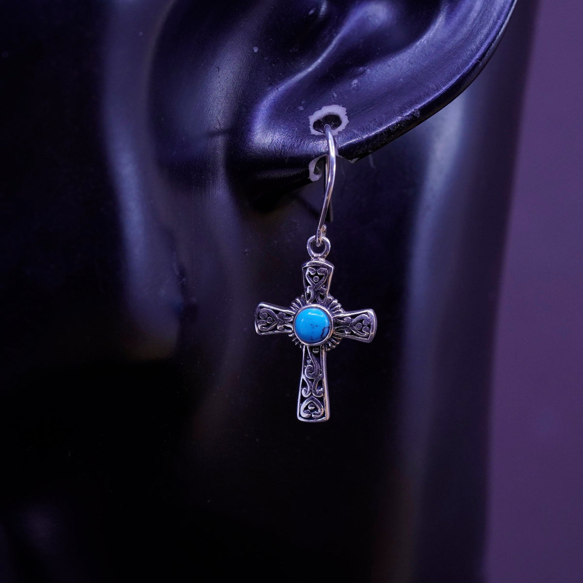 Vintage Sterling silver handmade earrings, 925 Bali cross with turquoise