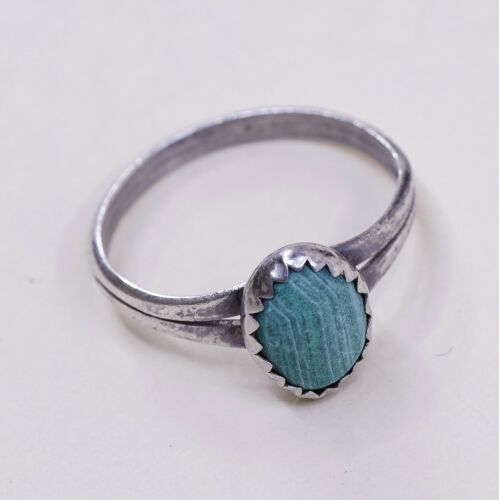 Sz 4.75, Vtg Sterling Silver Handmade Ring, 925 Silver Band W Malachite Inlay