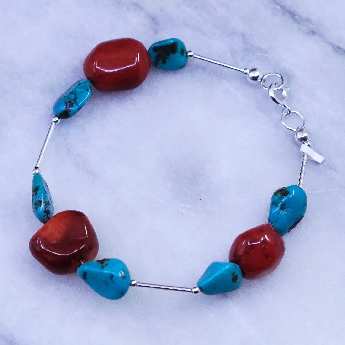 7”, sterling 925 silver handmade bracelet with turquoise and coral beads
