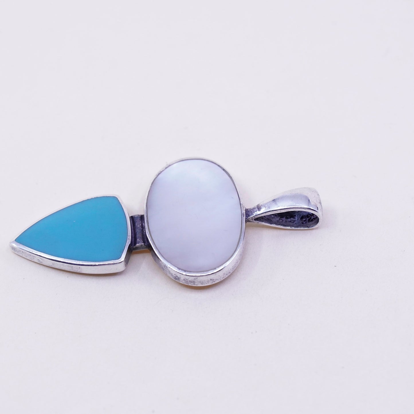Vintage sterling 925 silver handmade pendant with mother of pearl and turquoise