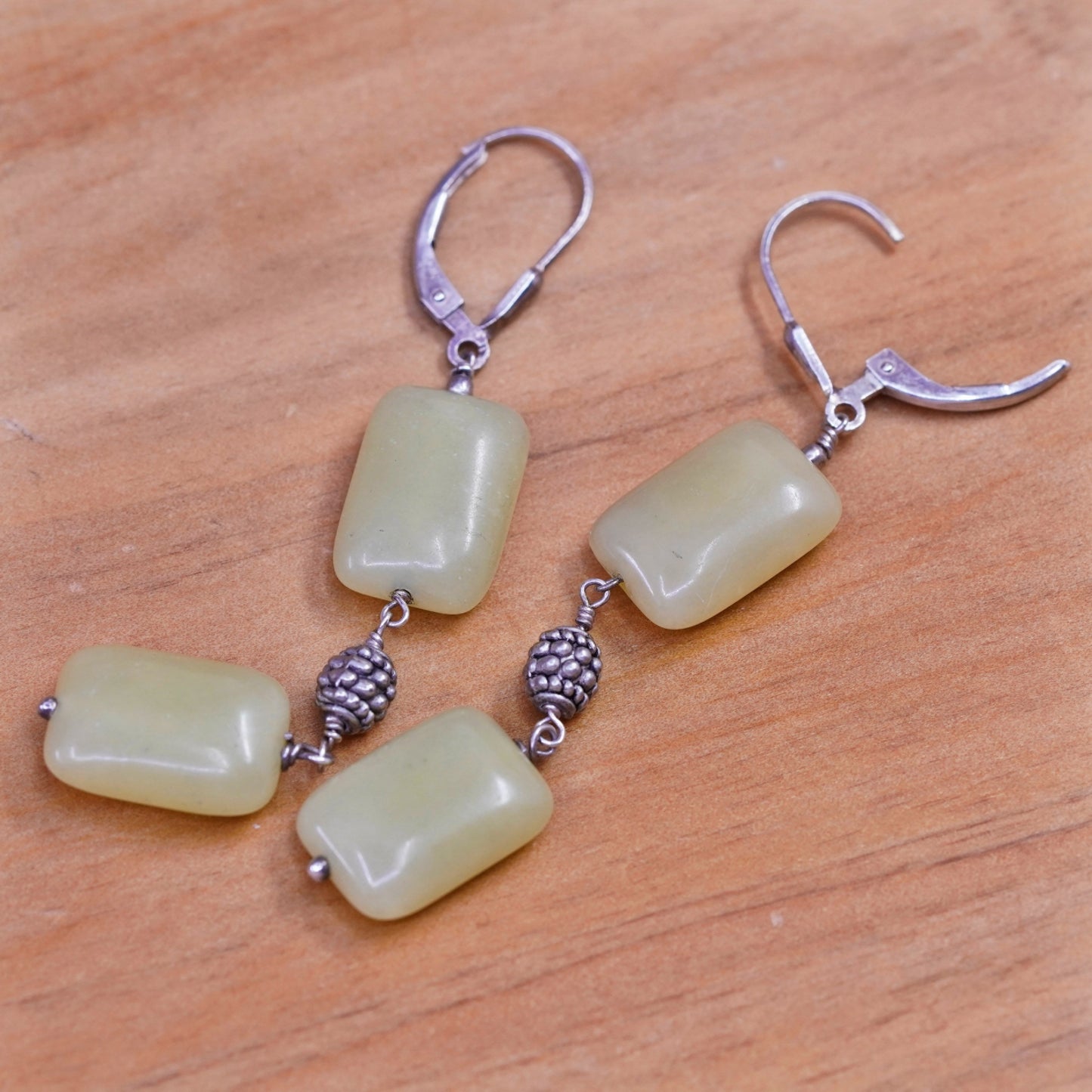 2.25”, Vintage Sterling 925 silver handmade earrings with jade beads
