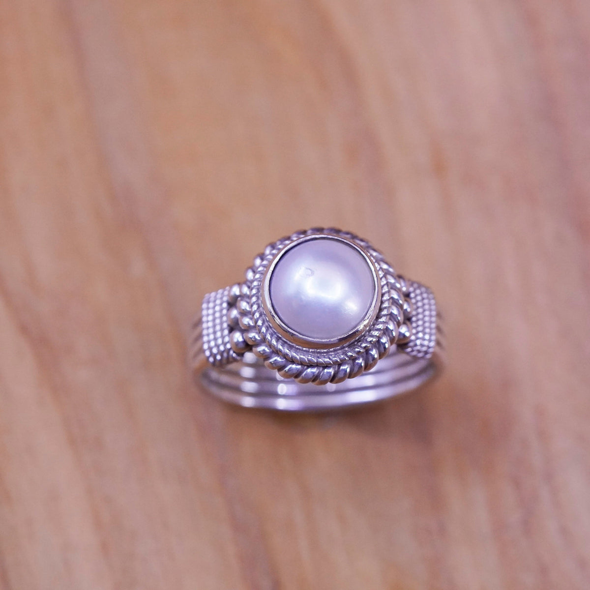 Size 6.5, vintage Sterling 925 silver handmade Pearl Ring with beads and cable