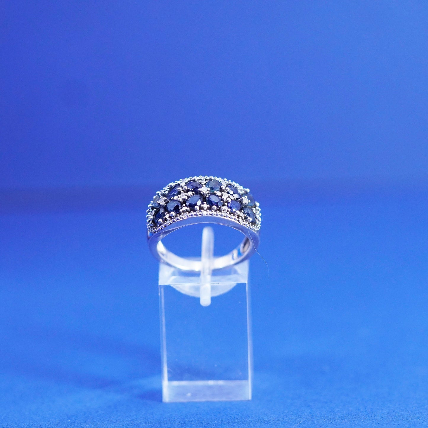 Size 8.25, vintage Sterling 925 silver band ring cluster sapphire diamond ring