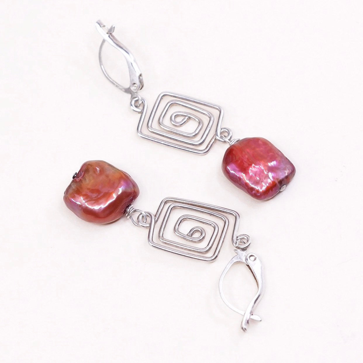 VTG sterling silver handmade earrings, 925 swirl dangles w/ red pearl beads