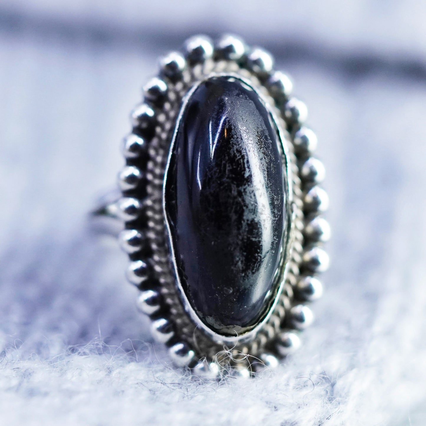 Size 6.5 vintage Sterling 925 silver handmade ring with onyx and beads