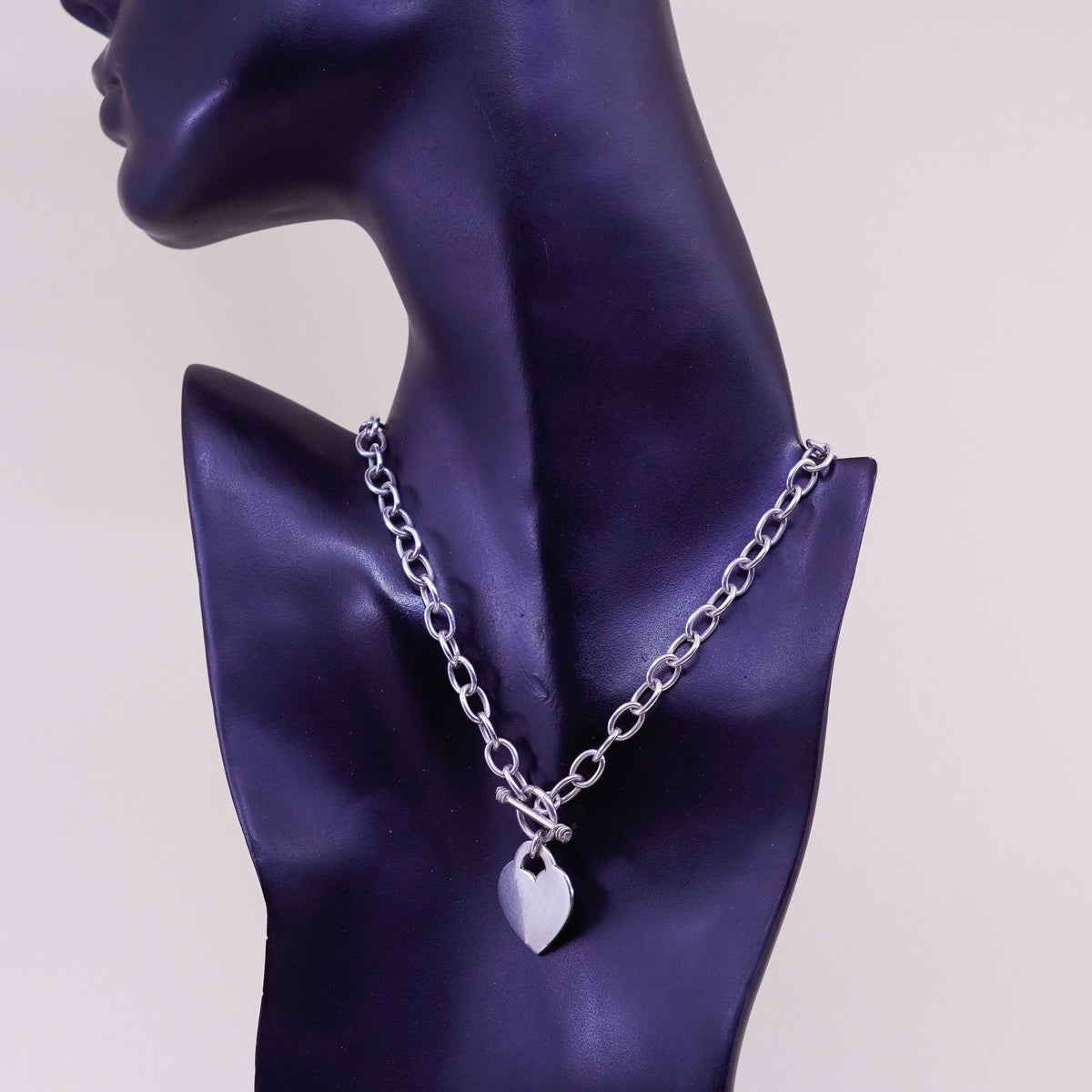 18”, sterling silver charm necklace, 925 bold circle link chain heart charm