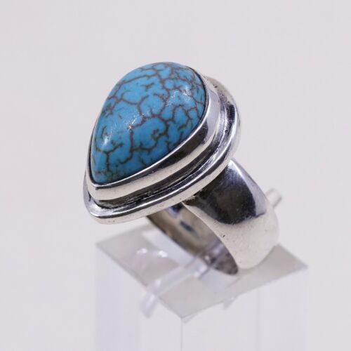 Sz 8.5, Vtg Sterling Silver Handmade Ring W/ Teardrop Turquoise, Stamped 925