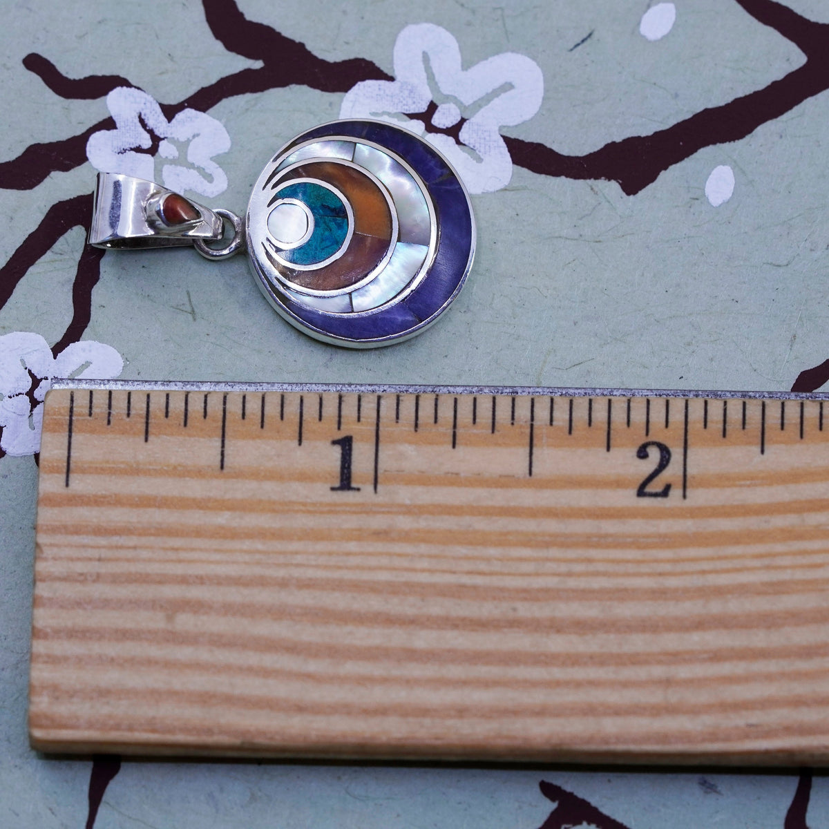 Vintage Sterling 950 pendant, Peruvian Inca silver turquoise, MOP carol pyramid
