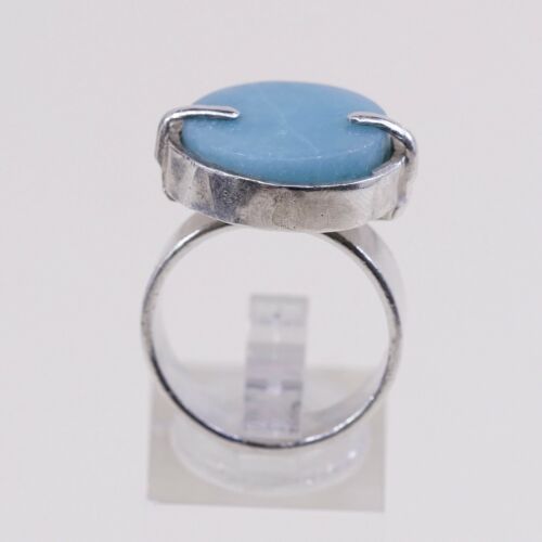 Sz 8, Vtg Sterling Silver Handmade Ring, 925 Silver Ring W/ Round Larimar