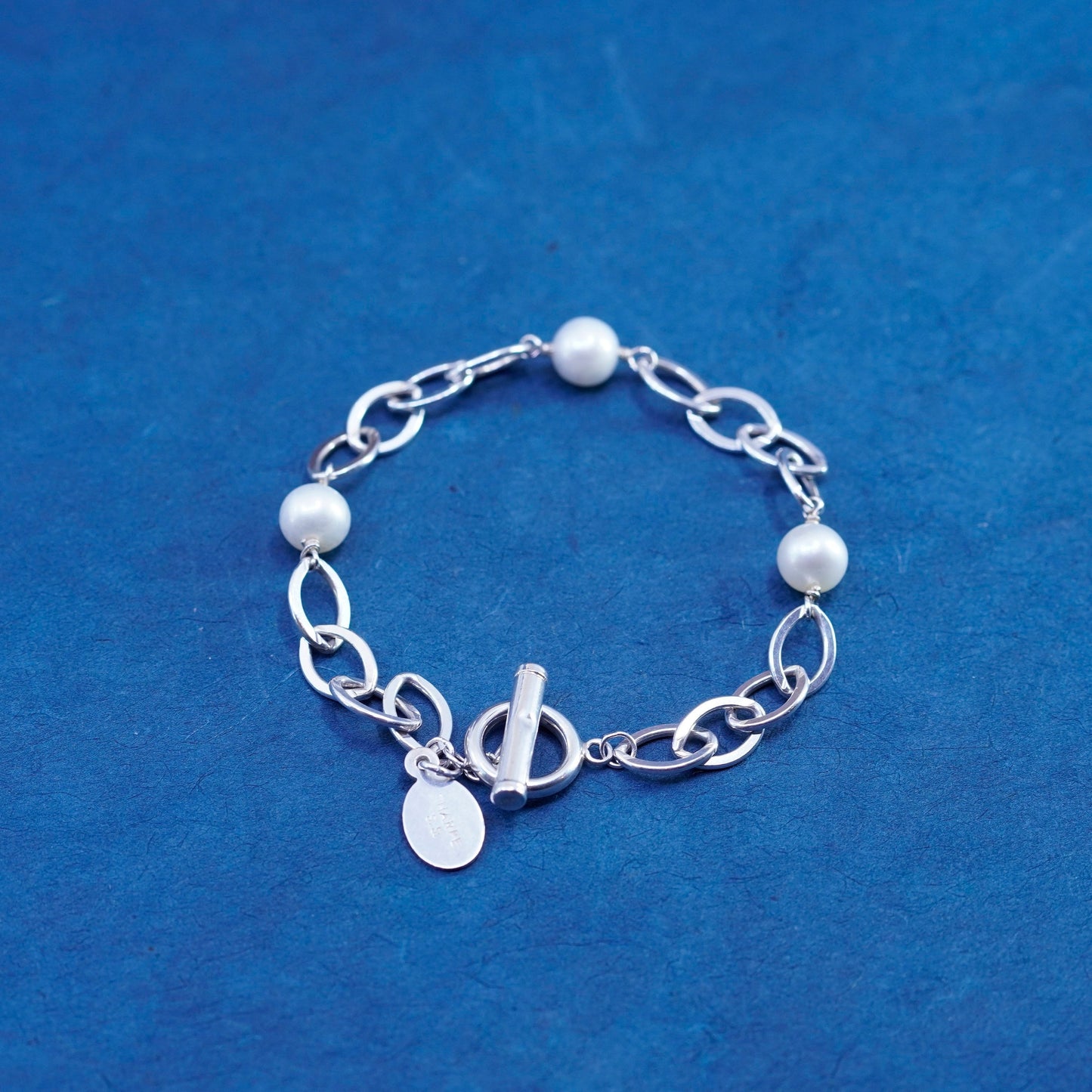 7”, vintage tharpe Sterling silver handmade bracelet, 925 clasp w/ pearl beads