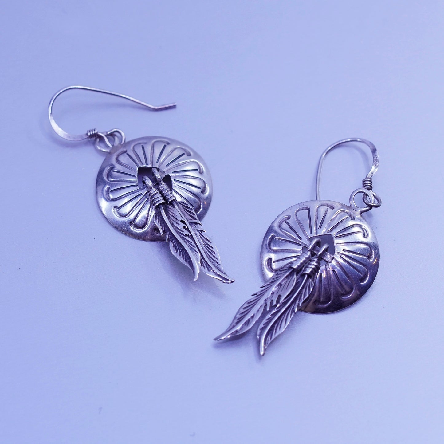 vintage Sterling silver handmade earrings, 925 textured disc feather dangles