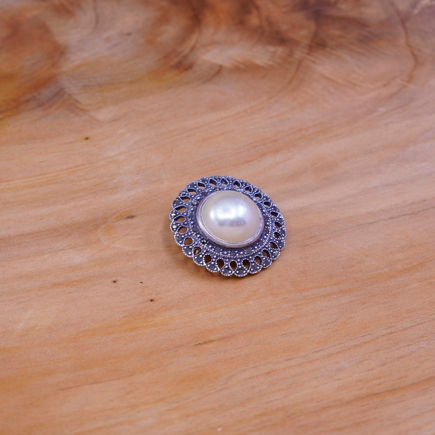 Boma handmade sterling silver brooch, 925 round pin with faux pearl marcasite