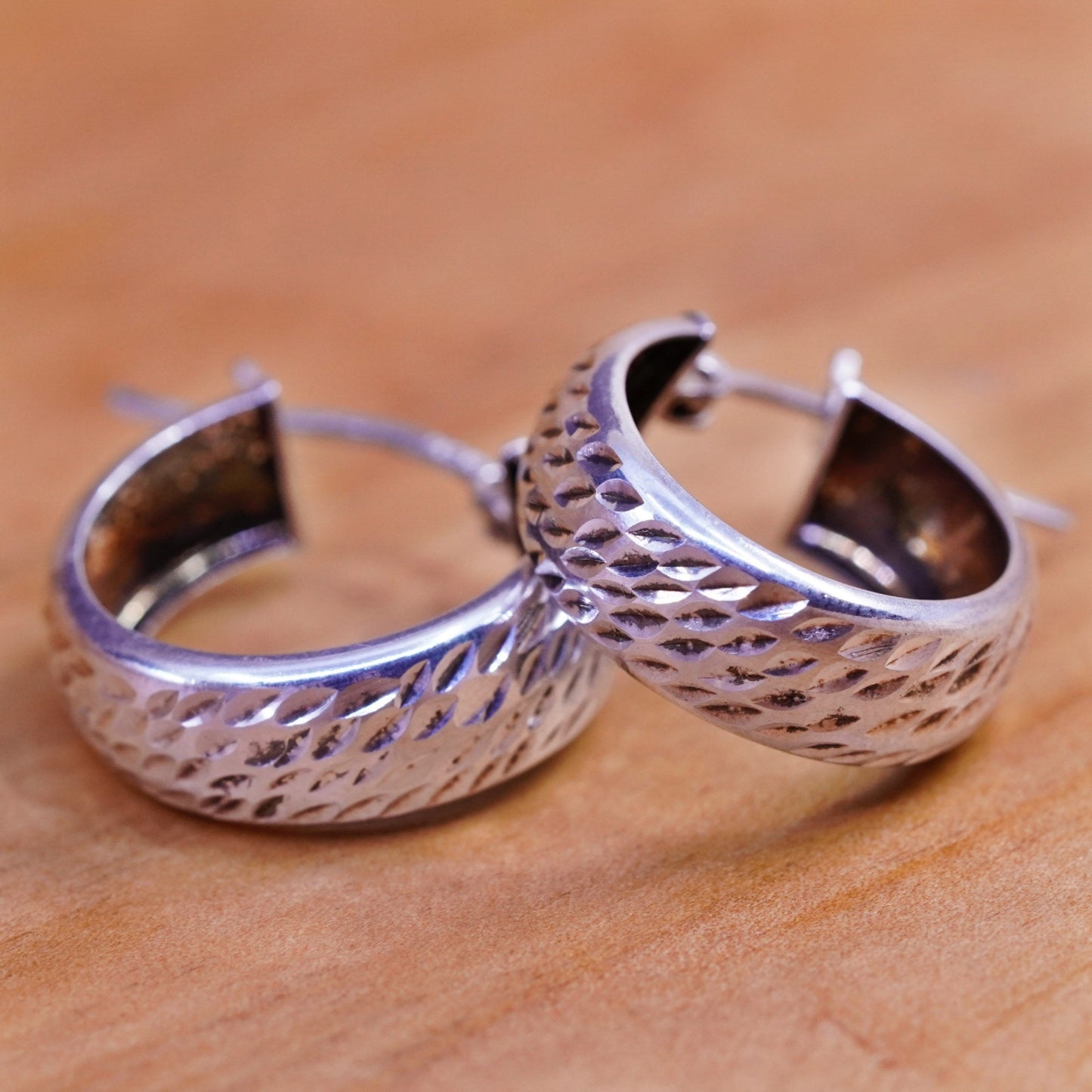 0.75”, Vintage Sterling silver handmade earrings, 925 textured hoops