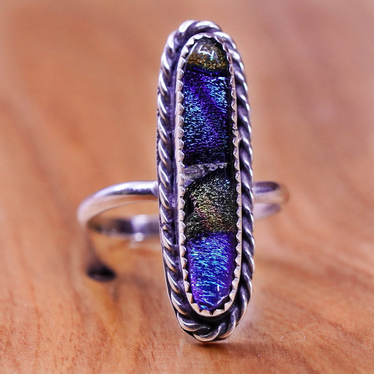 Size 9.25 Native American Navajo Ben Sterling 925 silver ring long foiled glass