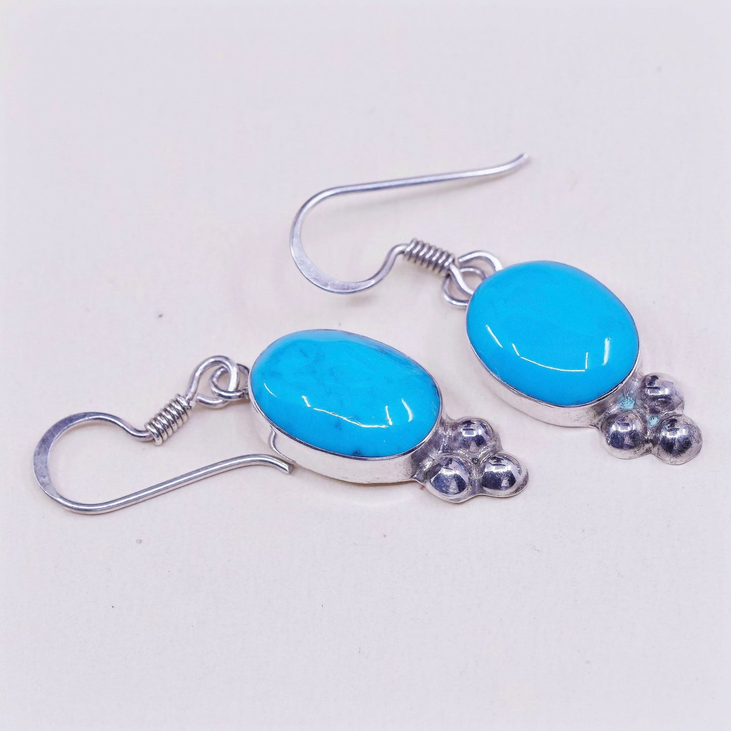 Vintage Sterling 925 silver handmade earrings, with oval turquoise, Stamped 925