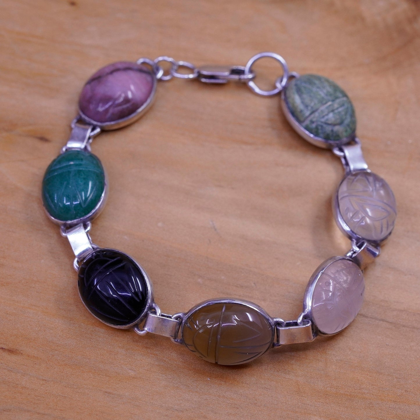 7”, sterling 925 silver handmade carved bracelet jasper obsidian jade quartz
