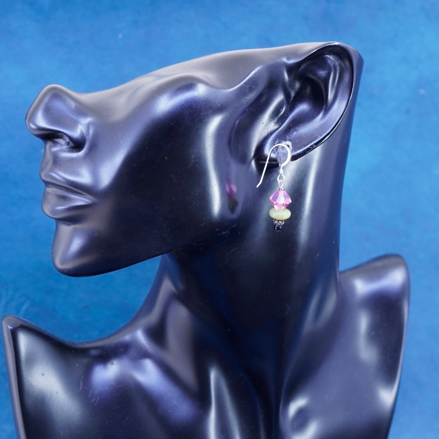 Vintage sterling 925 silver handmade earrings, with pink crystal green jasper