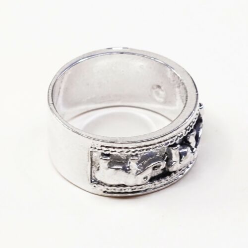 Sz 10, Vtg Sterling Silver Handmade Ring 925 Silver Band W/ Elephant Embossed