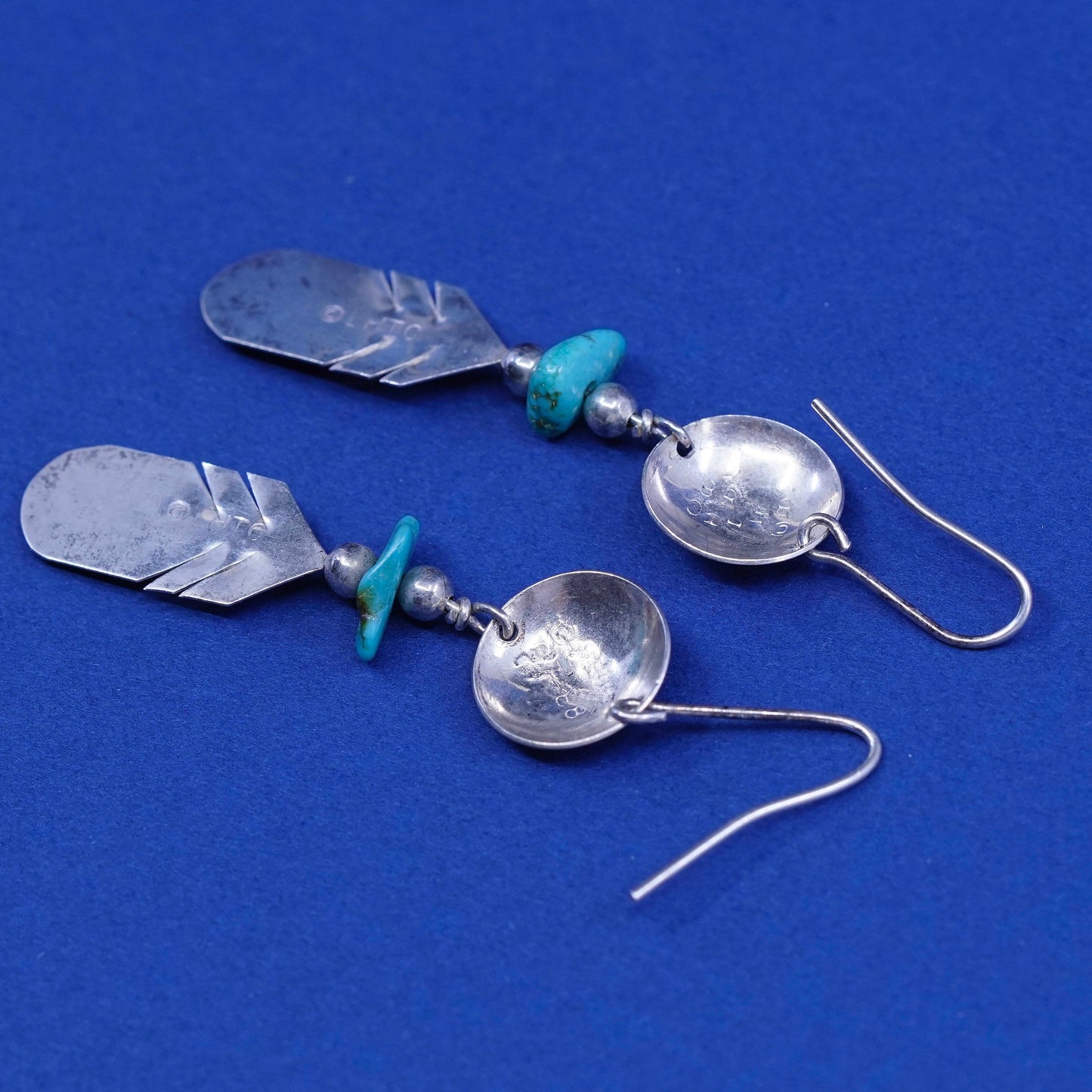 vtg LHTO sterling silver handmade earrings, 925 disc N feather w/ turquoise