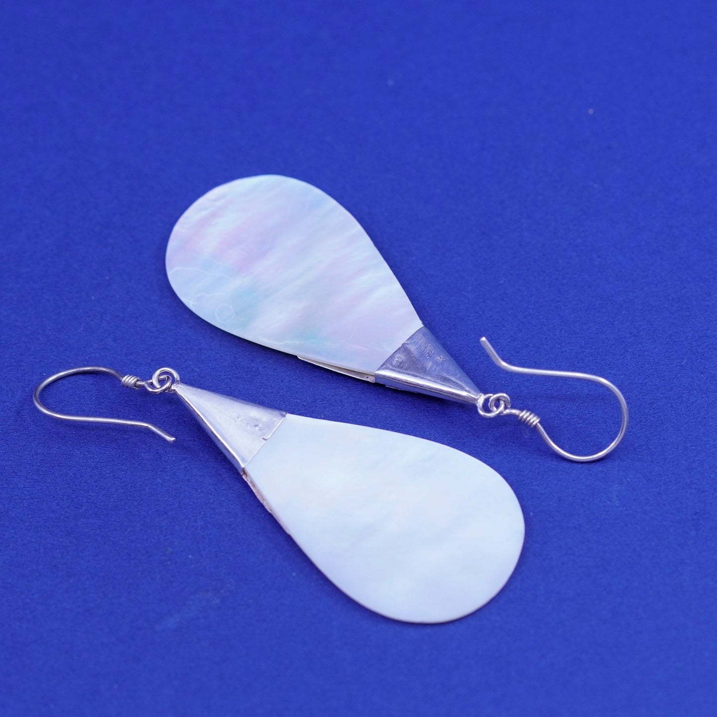 2.25”, Vintage sterling 925 silver handmade teardrop earrings mother of pearl