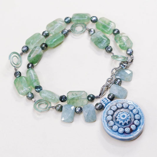 16+1.5”, Sterling silver necklace 925 circle chain w/ Jade beads N blue pottery