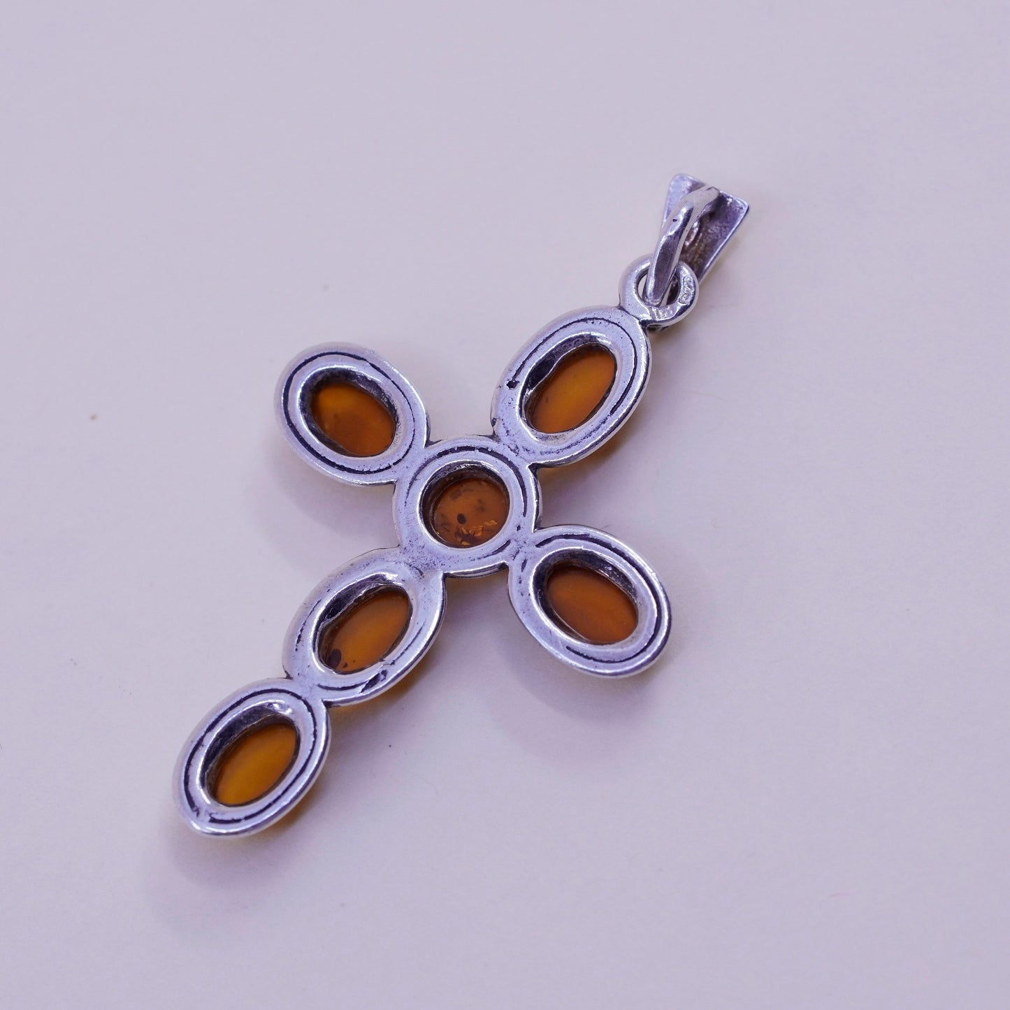 Vintage sterling 925 silver handmade cross pendant with amber