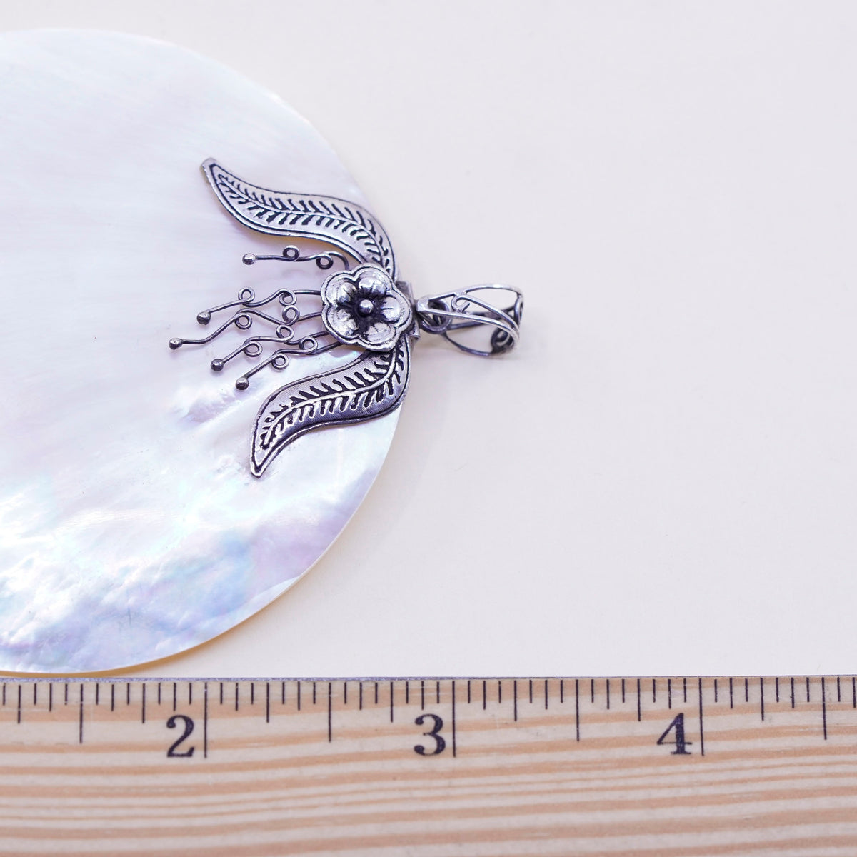 Vintage sterling silver handmade pendant, huge 925 round circle mother of pearl