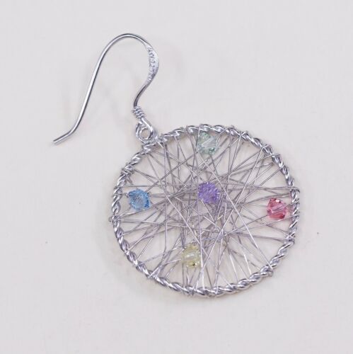 Vtg Handmade Wired 925 Sterling Silver Dangle Earrings W/ Crystal Details