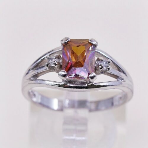 Sz 8, Vtg Sterling Silver Ring, 925 Silver Engagement Ring W/ Orange Crystal