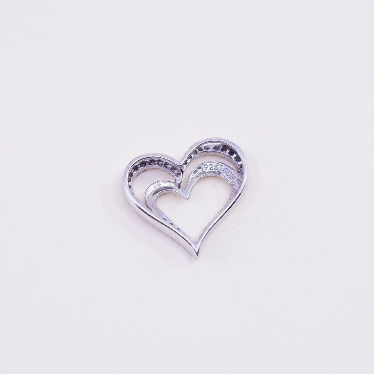 vintage Sun Sterling silver Pendant, 925 double heart with real diamond
