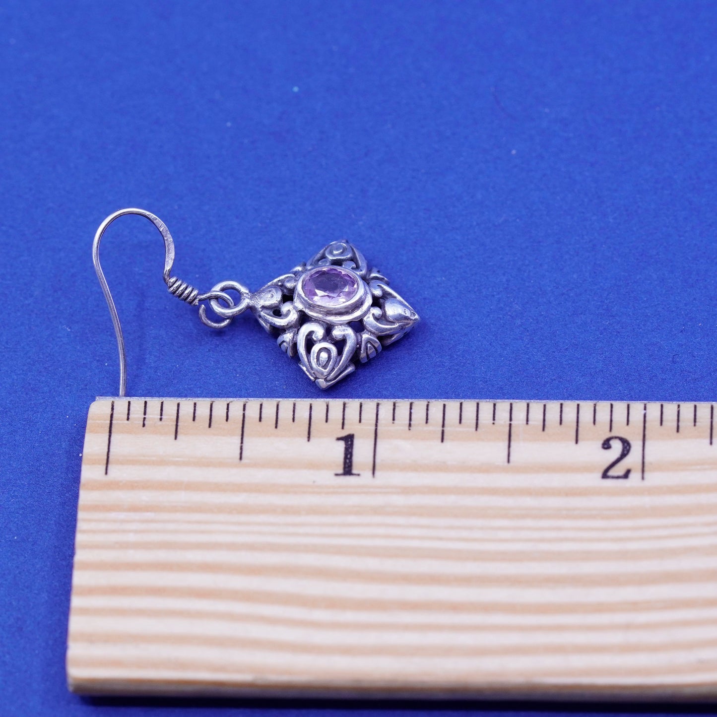 sterling silver handmade earrings, bali 925 filigree diamond drops amethyst