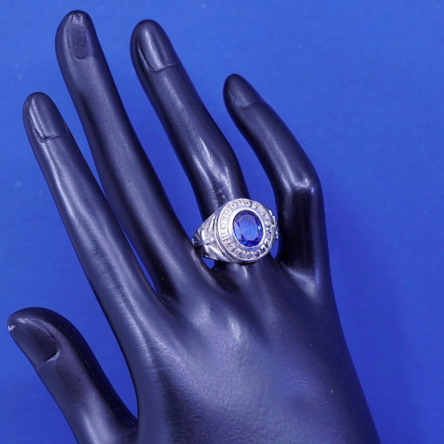 Size 9.5, vintage 1974 sterling 925 silver handmade ring w/ blue topaz and name