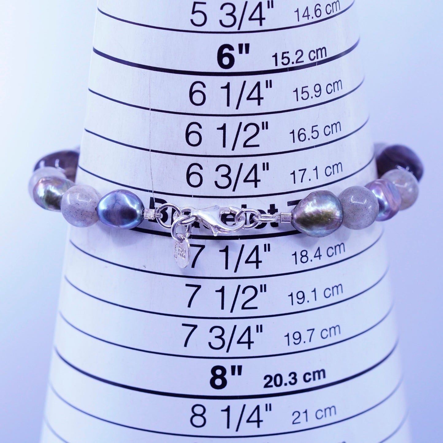 7”, QG Sterling 925 silver bracelet freshwater pearl, smoky topaz, labradorite